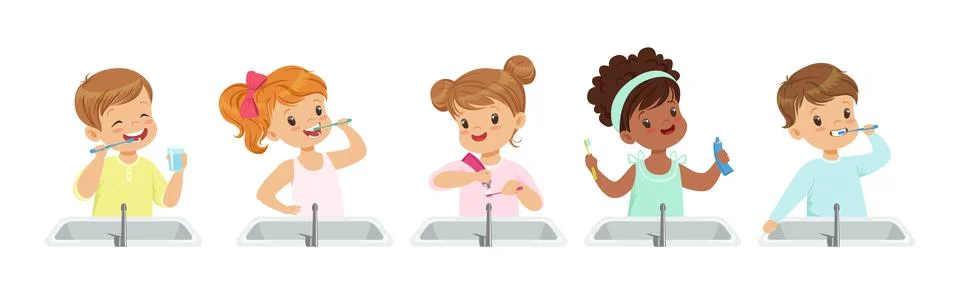 Kids Brushing Teeth with Toothpaste and Toothbrush Vector Set Illustrazione stock