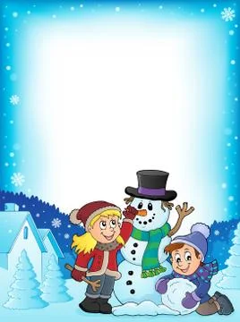 Kids building snowman theme frame Stock Illustration