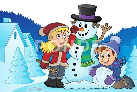 Kids building snowman theme image Stock Illustration