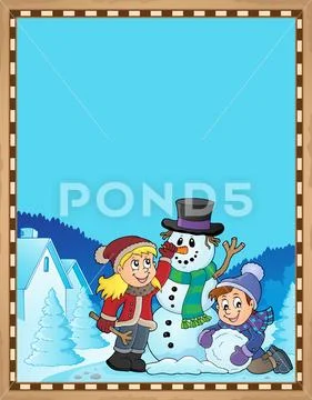 Kids building snowman theme parchment Stock Illustration