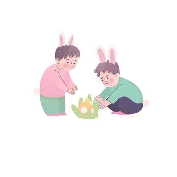 Kids in Bunny Costumes Finding Easter Egg 스톡 일러스트