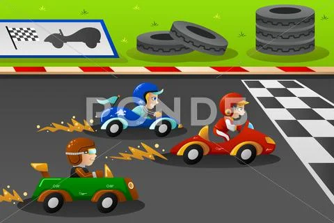 Kids in a car racing Stock Illustration