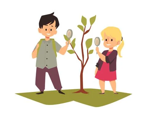 Kids cartoon characters exploring tree together in flat vector illustration Stock Illustration