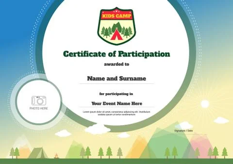 Kids certificate template in vector for camping participation Stock Illustration