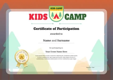 Kids certificate template in vector for camping participation Stock Illustration