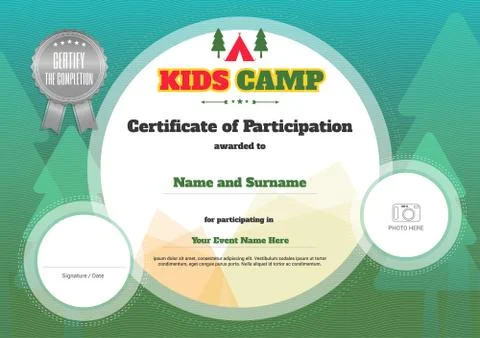 Kids certificate template in vector for camping participation Stock Illustration