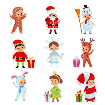 Kids in christmas costumes. Xmas cartoon children, new year holiday characters Stock Illustration