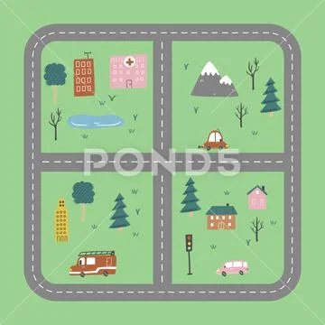 Kids city map of transport and road. Vector illustration. Stock Illustrationen