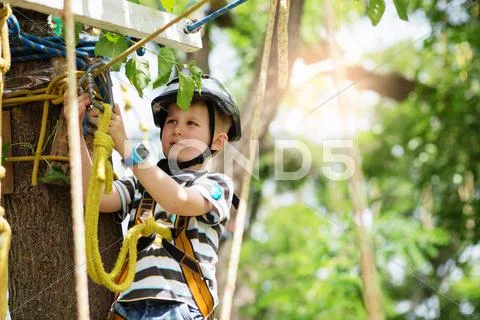 Kids climbing in adventure park. Boy enjoys climbing in the ropes course adve Stock Photos