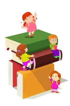 Kids climbing in stack of books Stock Illustration