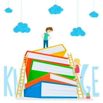 Kids climbing on stairs to the large stack of books. Illustration of kids e.. Illustrazione stock