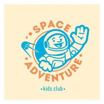Kids club logo with happy astronaut. Cute kindergarten sign. Stock Illustration