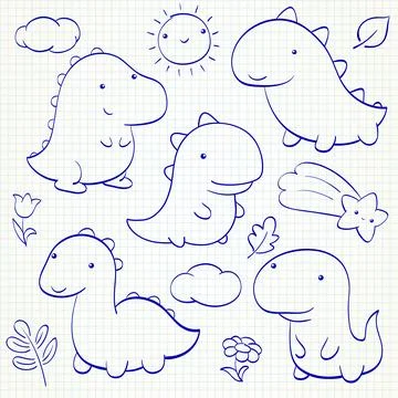 Kids collection of doodle elements - cute dino, cloud, sun, leaf, comet. Se.. Stock Illustration