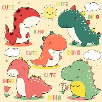 Kids collection of doodle elements - cute dino, cloud, sun, leaf, flower. S.. Stock Illustration