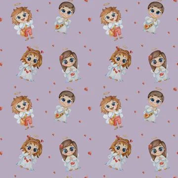 Kids collection of seamless patterns. Cute children angels - girls and boys w Stock Illustration
