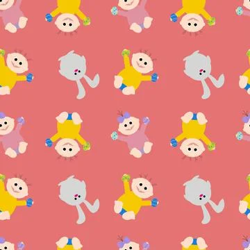 Kids with colored eggs and an Easter bunny on a red background. Easter holida 스톡 일러스트
