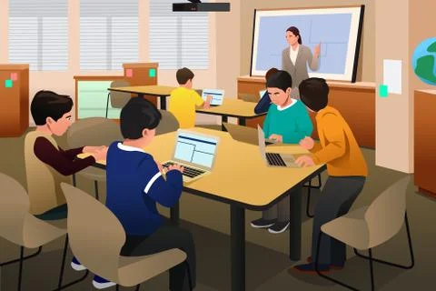 Kids in Computer Class Stock Illustration