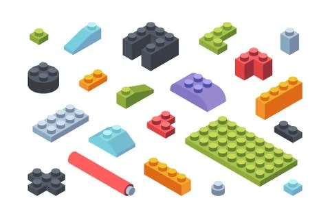 Kids constructor isometric blocks set. Multicolored tiles and parts assembly  Stockillustratie