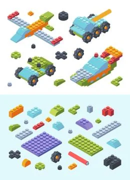 Kids constructor toys isometric set. Variety modern colored tiles details ass Stock-Illustration