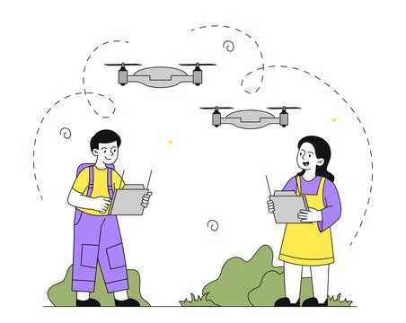 Kids control drones. Boy and girl with remote controllers control drone with Stock Illustration
