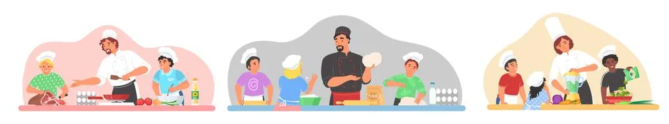 Kids cooking class lesson flat vector illustration Stock Illustration