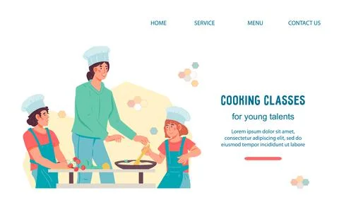Kids cooking class website layout with children flat vector illustration. Illustrazione stock