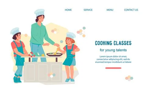 Kids cooking culinary class web landing page layout, flat illustration. Stock Illustration