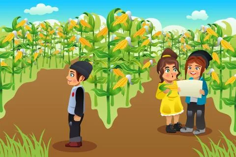 Kids on a Corn Field Stock Illustration