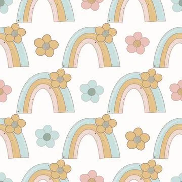 Kids cute rainbows seamless pattern, rainbow and flower repeat paper. Child.. Stock-Illustration