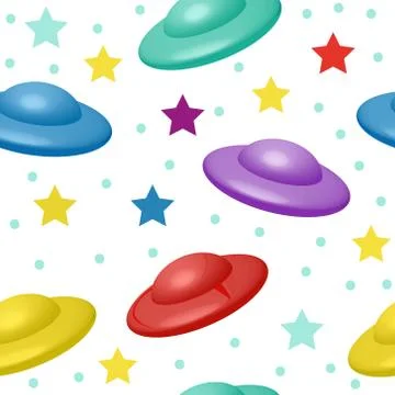 Kids cute seamless pattern with UFO, endless background. Vector illustration. Stock Illustration