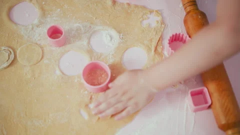 Kids Cutting Dough with Square Cutter from Top View During Baking Activity Stock Footage 307970028