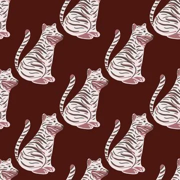 Kids design seamless pattern with light doodle tiger ornament. Maroon backgro Stockillustratie