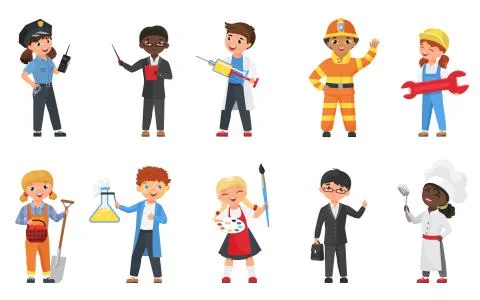 Kids in different professions and poses set, cartoon flat happy child characters Stock Illustration