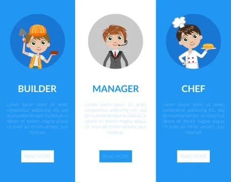 Kids of Different Professions Set, Builder, Manager, Chef Vertical Banners Stock Illustration