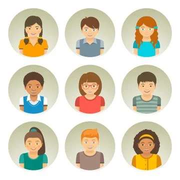 Kids different races round flat vector avatars Illustrazione stock