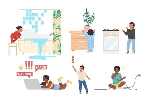 Kids at different situations isolated vector set Stock Illustration