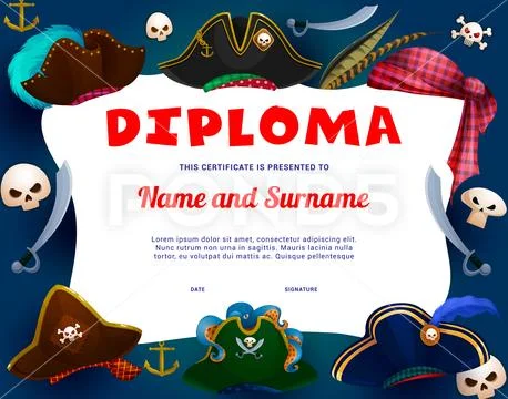 Kids diploma cartoon pirate hats, tricorn, sabers: Graphic #236463397