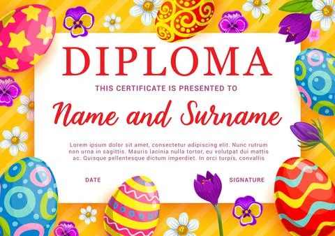 Kids diploma with frame of Easter eggs and flowers Stock Illustration