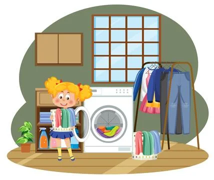 Kids doing laundry with washing machine Stock Illustration