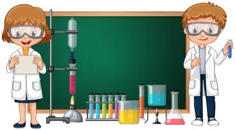 Kids doing science lab experiment with blackboard in background Illustrazione stock