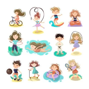Kids doing sport games, vector cartoon illustration. Playing, jumping, swimming Stock Illustration