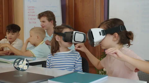 Kids Doing Task in Virtual Reality Headset at IT Class Stock Footage 280538179