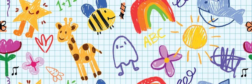 Kids doodle seamless pattern, back to school vector cartoon scribble texture Stock Illustration