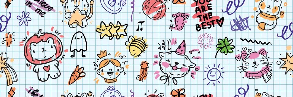Kids doodle seamless pattern, vector back to school cartoon scribble texture Stock Illustration