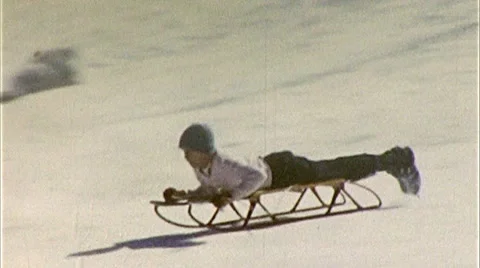 KIDS Downhill Sledding Sled WINTER FUN Sport 1950s Vintage Film Home Movie 265 Stock Footage