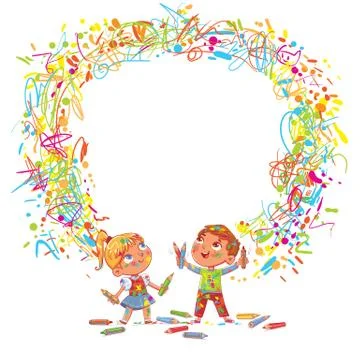 Kids draw colored scribbles on the wall with paints and crayons Illustrazione stock