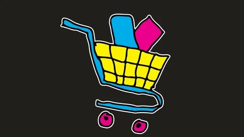 Kids drawing black screen with theme of shopping cart Stock Footage 103234897