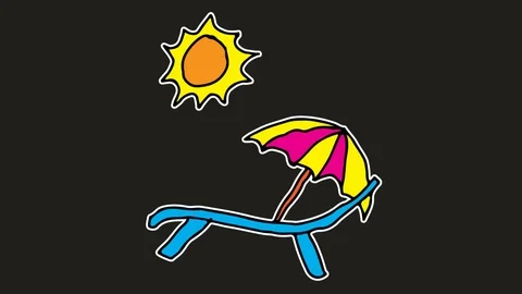 Kids drawing black screen with theme of beach chair Stock Footage 103410469