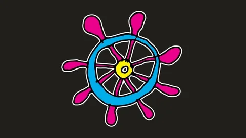 Kids drawing black screen with theme of ship steering wheel Stock Footage 103411049