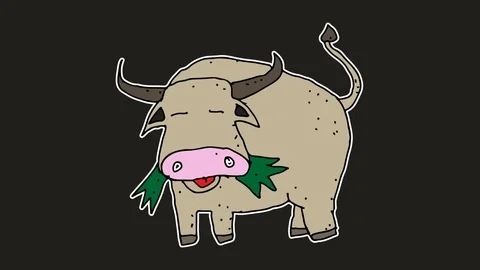 Kids drawing black screen with theme of bull eat grass Stock Footage 113267150